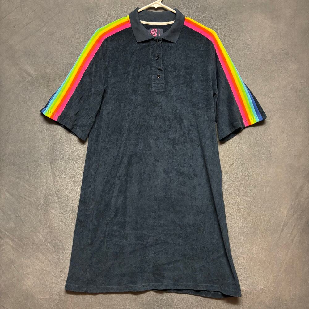 St. Berts Terry Cloth Polo Tunic Rainbow Stripe Y2K Retro Large Shirt Dress